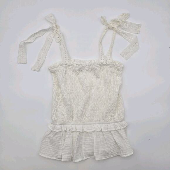 Anthropologie Top Womens Small White Tank Gauze Smocked Eyelet Boho Tie Eri Ali - Picture 1 of 11